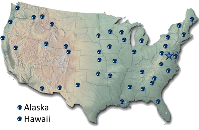 Map of the U.S. with dots indicating Coop Units locations.